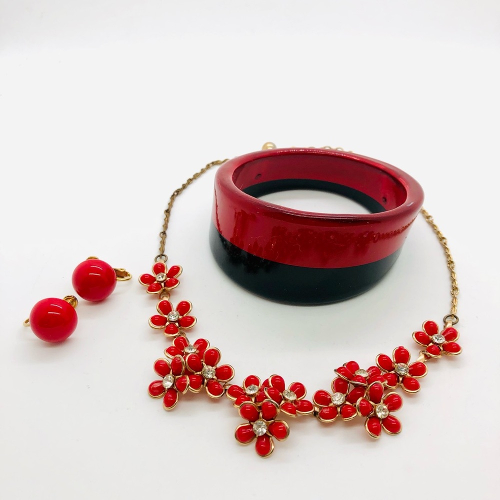 Vintage Red Flower Necklace & Retro Jewelry Lot